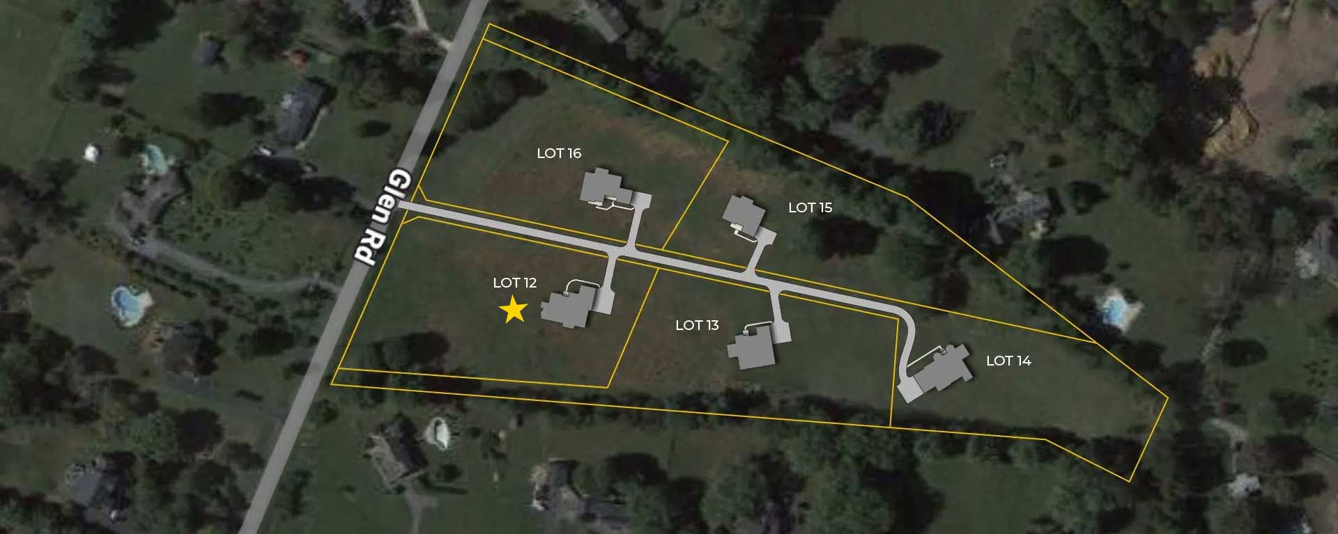 A site plan of a 5-lot subdivision superimposed on a satellite image, show the approximate placement and site lines, just off Glen Rd