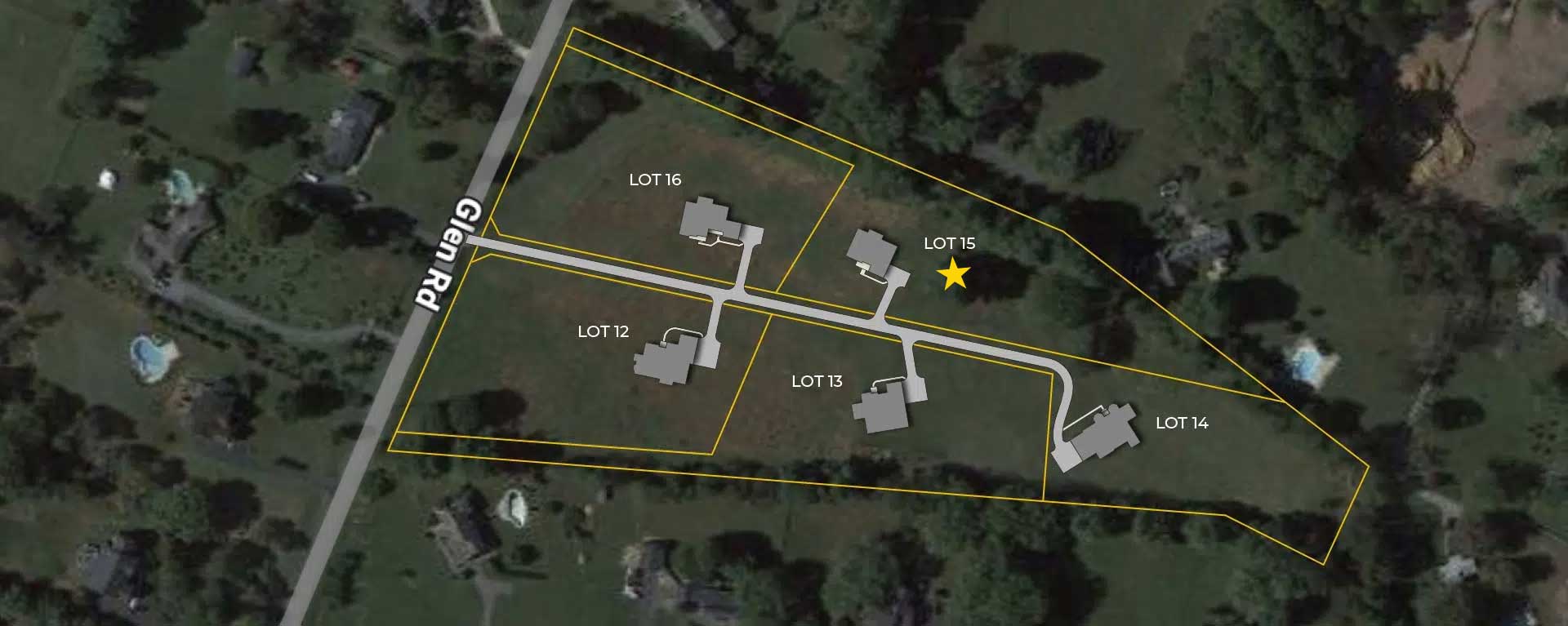 A site plan of a 5-lot subdivision superimposed on a satellite image, show the approximate placement and site lines, just off Glen Rd