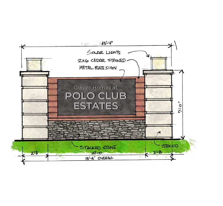 A sketch of a monument sign for Polo Club Estates, stained cedar with dark metal face and silver lets, custom stucco columns with solar lots at the top of each