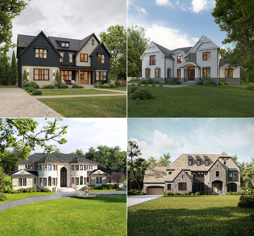 A collage of four homes, a dark modern farmhouse, a transitional colonial, an estate and modern tudor estate.