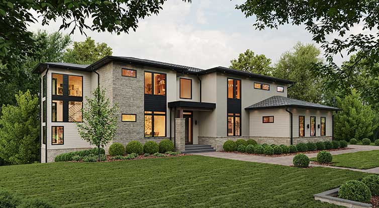 A contemporary home of geometric shapes, stone, stucco and siding, with a staircase exposed by large modern windows on the far left side.