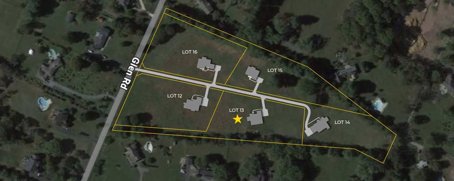 A site plan of a 5-lot subdivision superimposed on a satellite image, show the approximate placement and site lines, just off Glen Rd