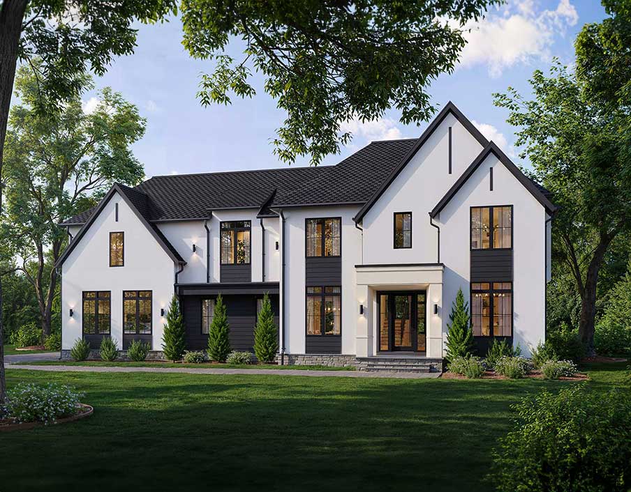 A transitional estate home in white stucco with dark paneling, casement windows, hip roof, and modern portico