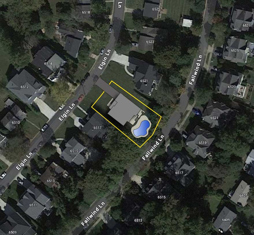 A satellite image over a bethesda neighborhood, with a house footprint and site outline with pool superimposed.