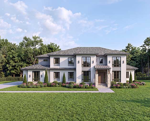 Exterior front view of a luxurious two-story modern stucco house featuring grey roof tiles, dark-framed windows, stone pillar accents at the entry, and a manicured green lawn with lush landscaping.