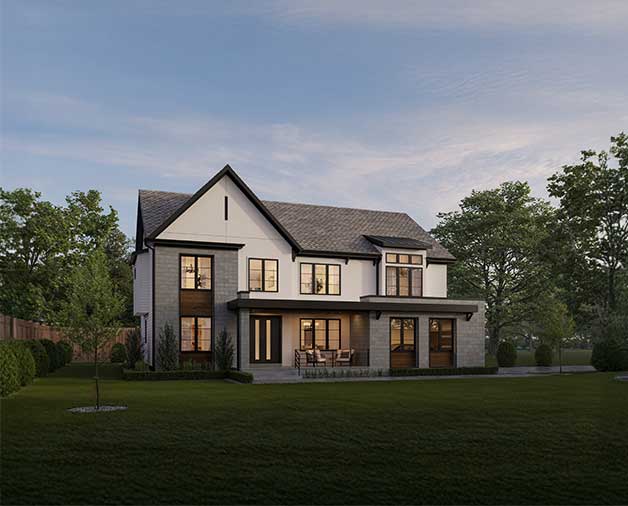 A front rendering of a transitional modern home of stucco and gemoetric shapes of grey architectural block, with dark accents and wood stains