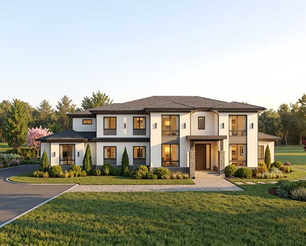 A large, modern two-story luxury home with a white stucco facade, black window frames, and a dark roof, surrounded by a manicured green lawn and landscaping at dusk.