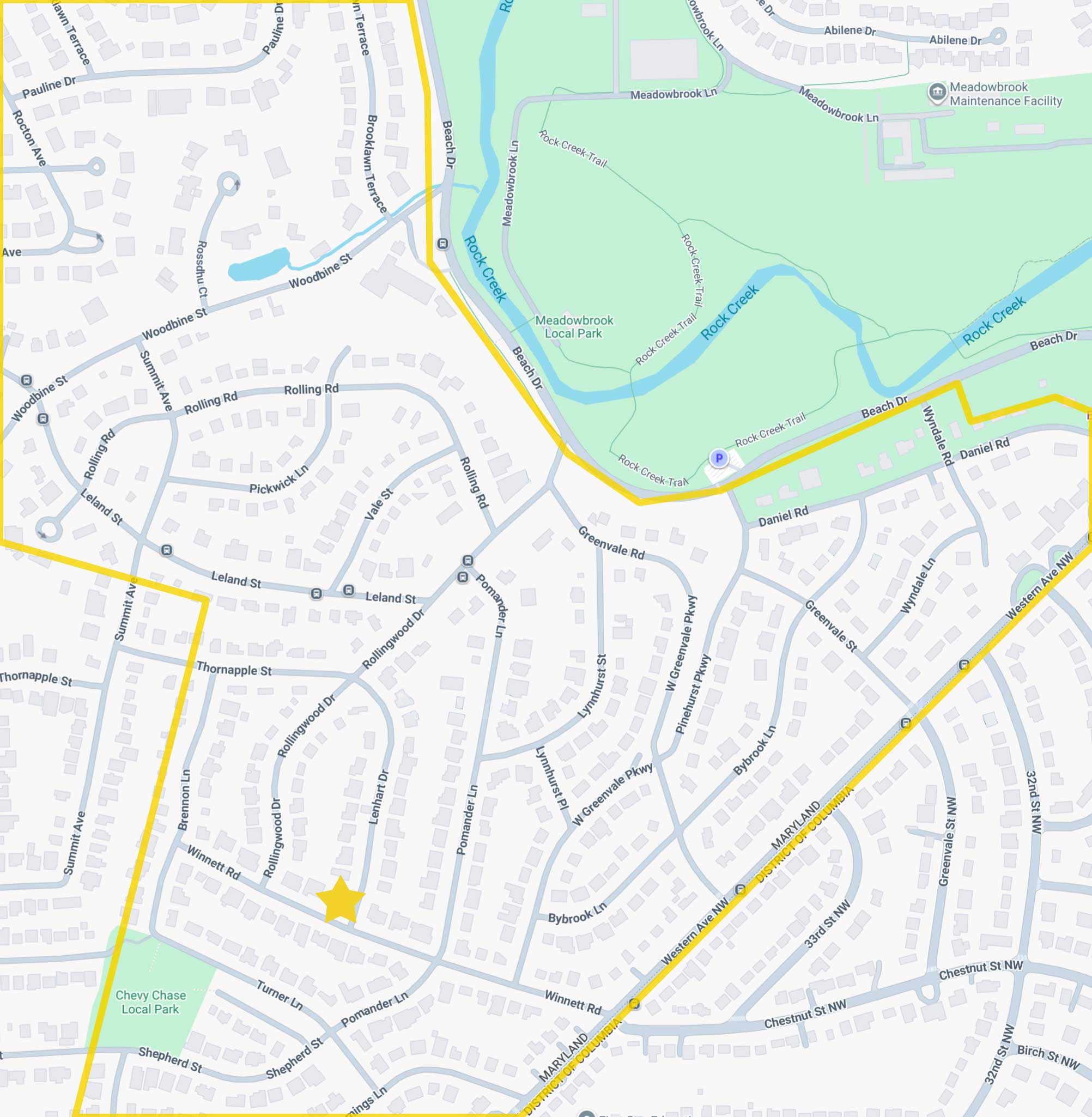 A map outlining the boundaries of the Rollingwood community in Chevy Chase, backing to Rock Creek Park.
