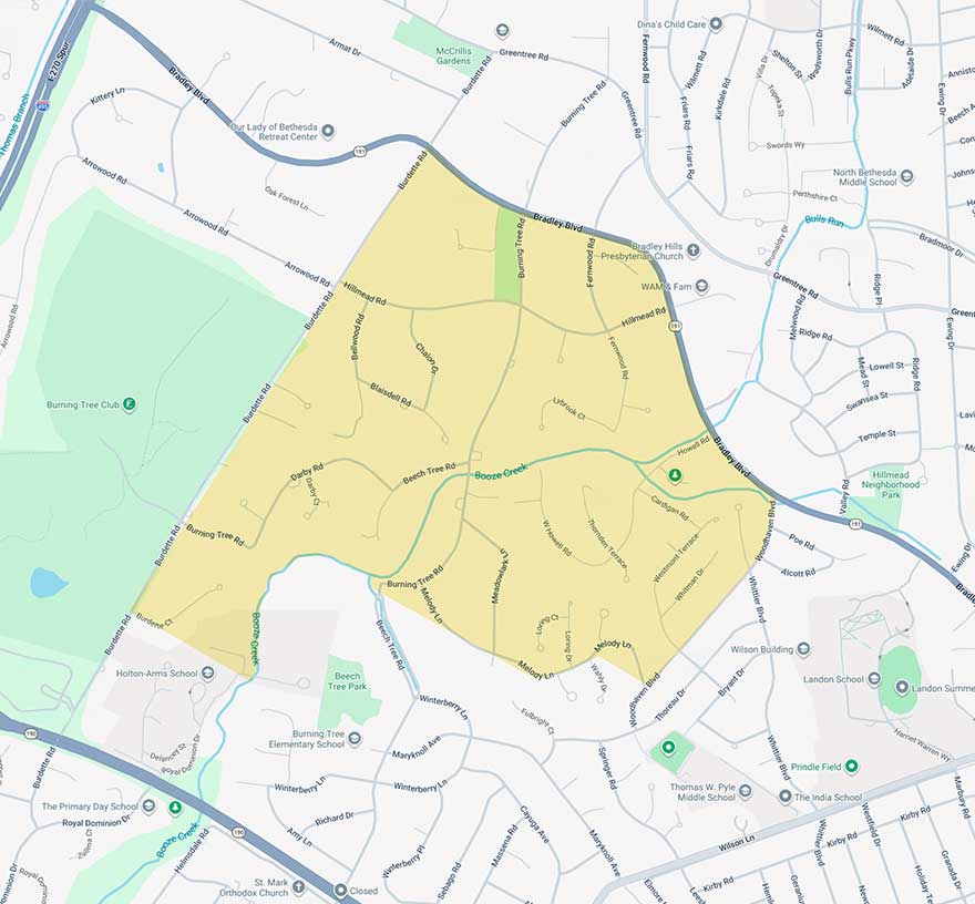 A highlighted map showing the boundaries of Bradley Hills Grove, Bethesda, MD.