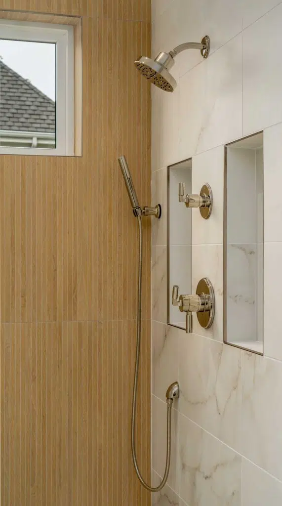 A close-up of shower fixtures including a nickel showerhead, handheld sprayer, control valves, and recessed storage niches set against white marble-look wall tiles and vertical wood-look accent tiles.