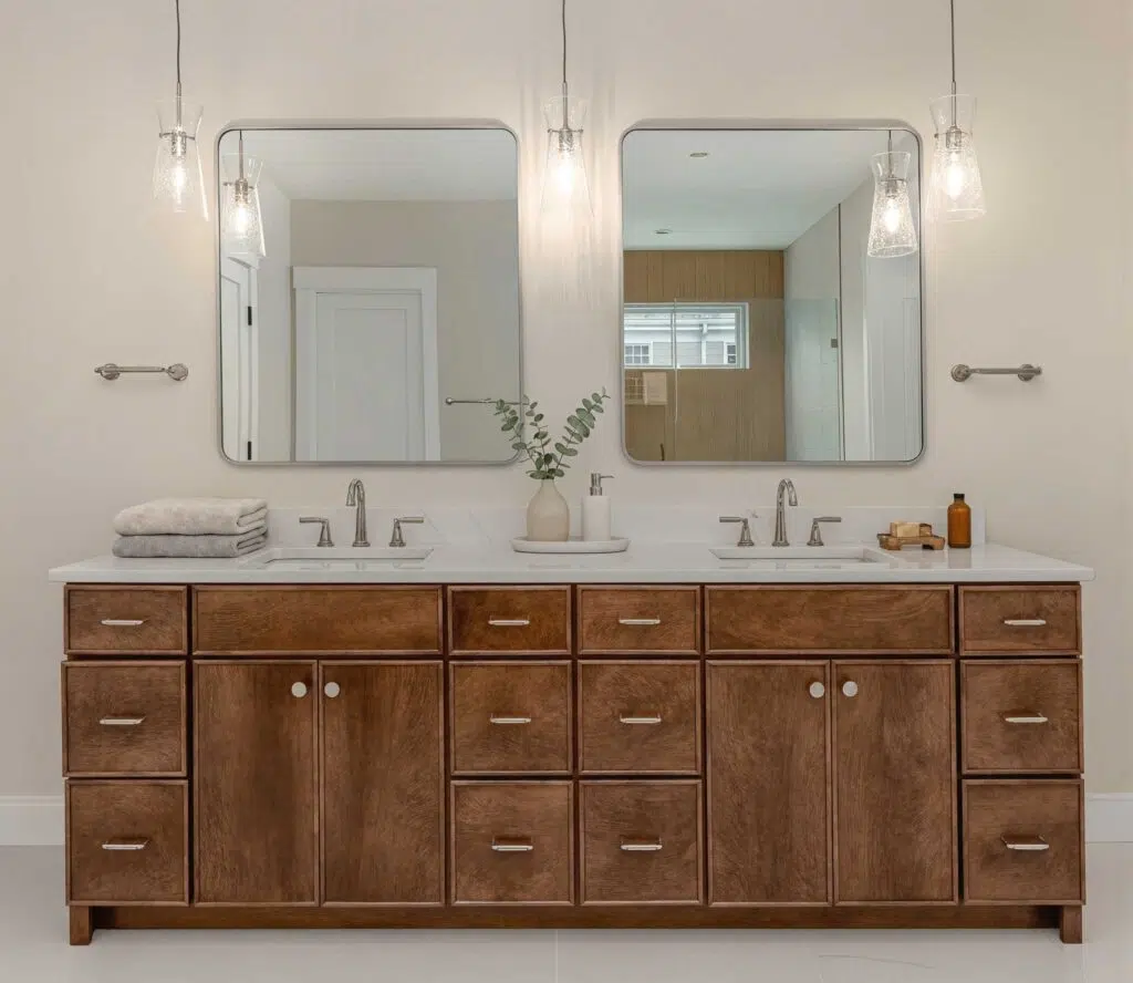 A double bathroom vanity featuring rich stained wood cabinets, a white marble countertop with dual undermount sinks, rounded square mirrors, and three hanging glass pendant lights.