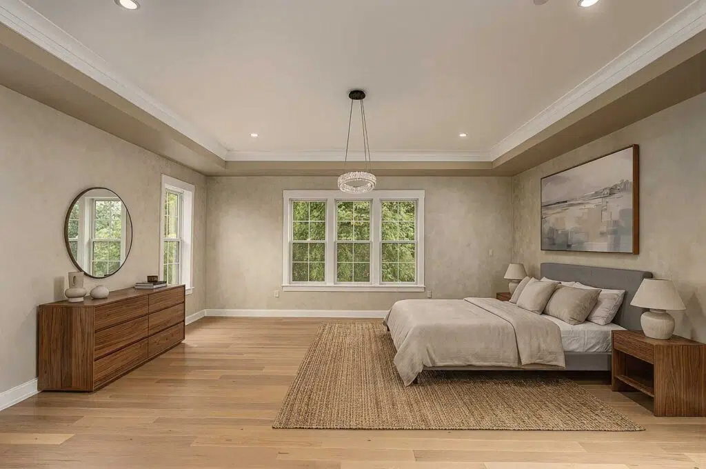 A large primary bedroom featuring light hardwood floors, tray ceiling with a modern ring chandelier, soft beige textured walls, and white-trimmed grid windows looking out to trees.