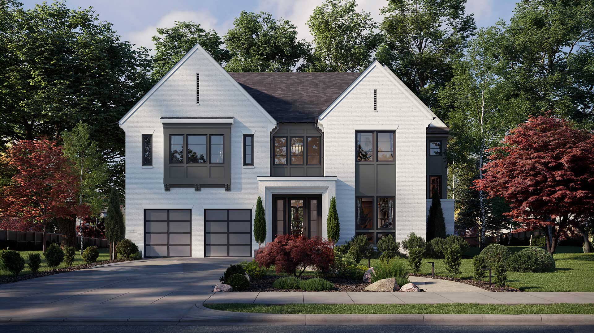 A front home exterior blending Modern Tudor and Farmhouse, with patterned panel and window assemblies, white painted brick, aluminum garage door with smoked glass and custom details.