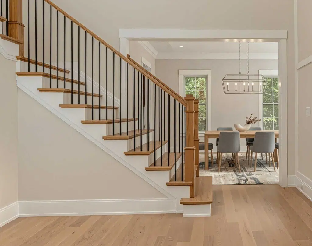 A interior view of a staircase with light oak wood treads, white risers, black metal spindles, and a matching wood handrail, leading into a dining area with a modern linear chandelier.
