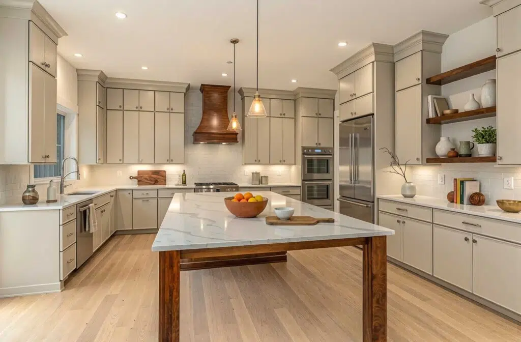 A spacious kitchen featuring beige cabinetry, stainless steel appliances, a wooden range hood, and a large central island with a white marble countertop and dark wood base.