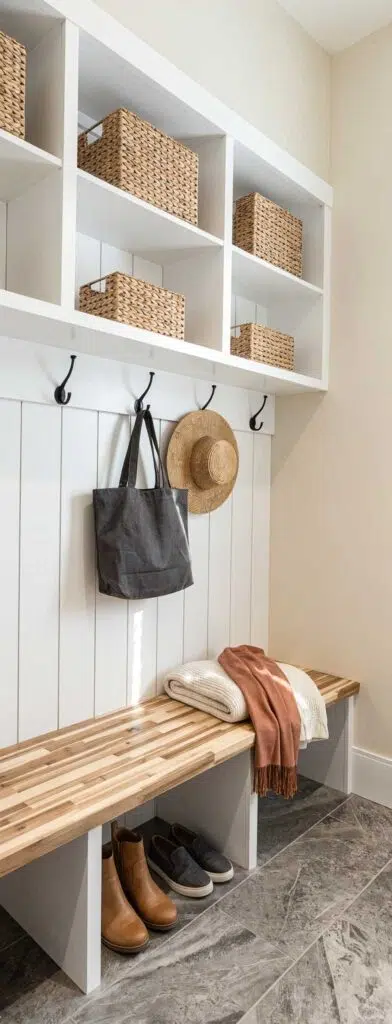 A built-in mudroom organizer featuring upper white cubbies, black coat hooks over vertical white shiplap, a wooden butcher block seating bench, and grey tile flooring.
